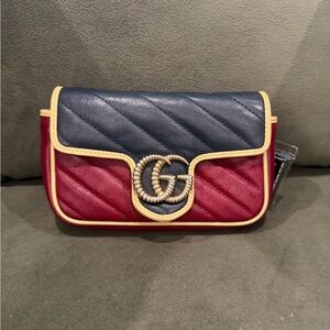 Gucci Navy and Red Leather Shoulder Bag with Yellow Trim